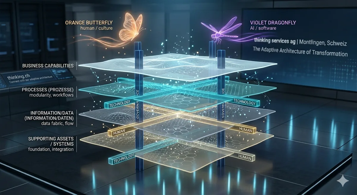 Darstellung der Ebenen Business-Fähigkeiten, Prozesse, Daten und Technologie einer Unternehmensarchitektur