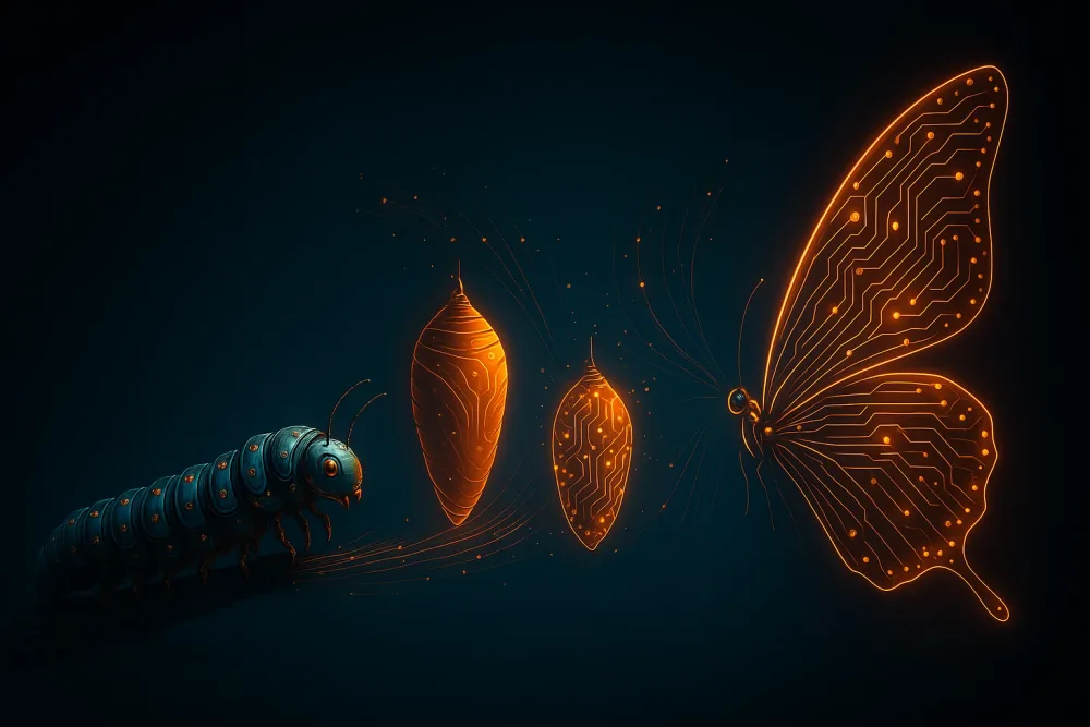 Leuchtende Metamorphose von der Raupe über zwei Puppen zum Schmetterling mit Schaltkreis-Flügeln
