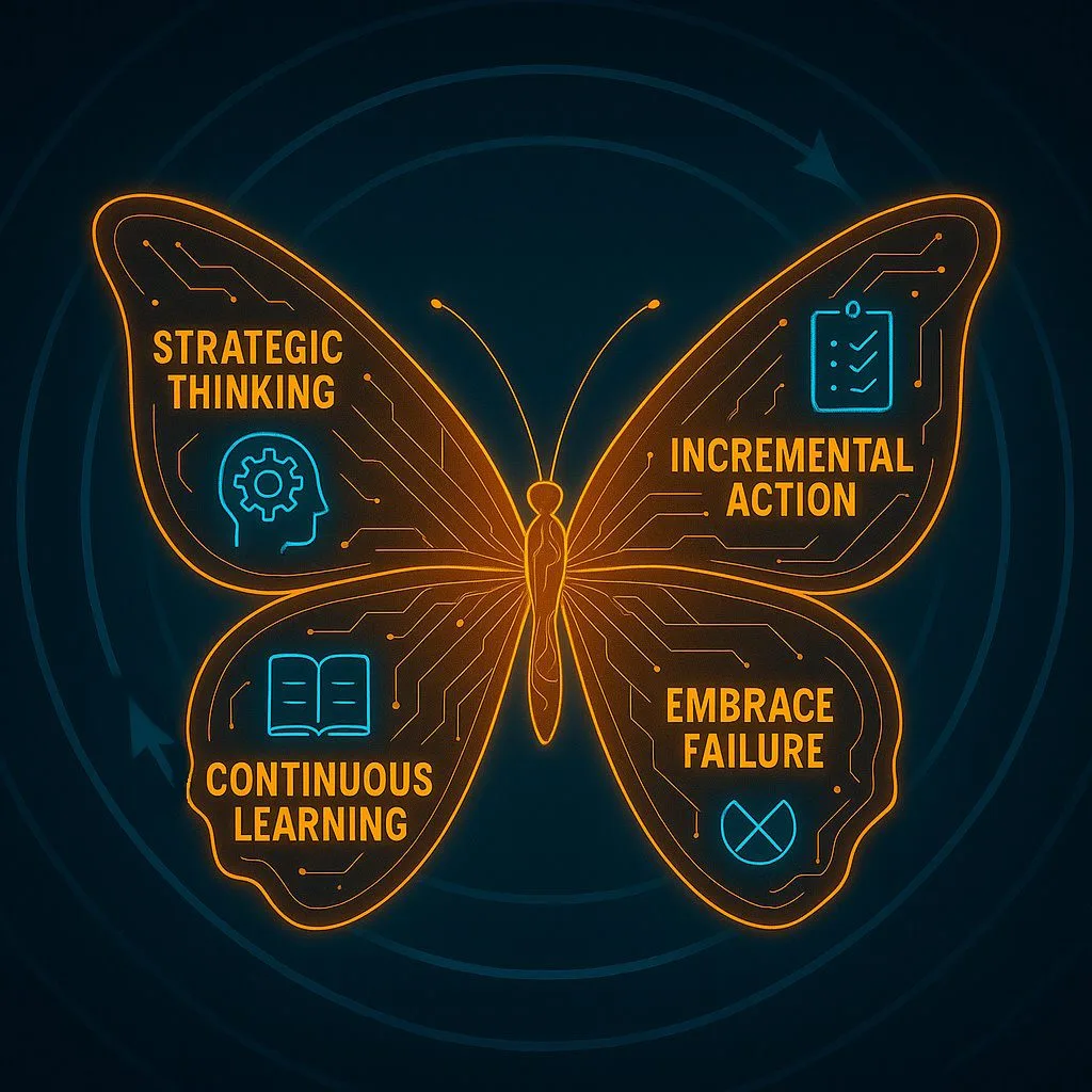 Schmetterling mit den vier Flügeln Strategic Thinking, Incremental Action, Embrace Failure und Continuous Learning