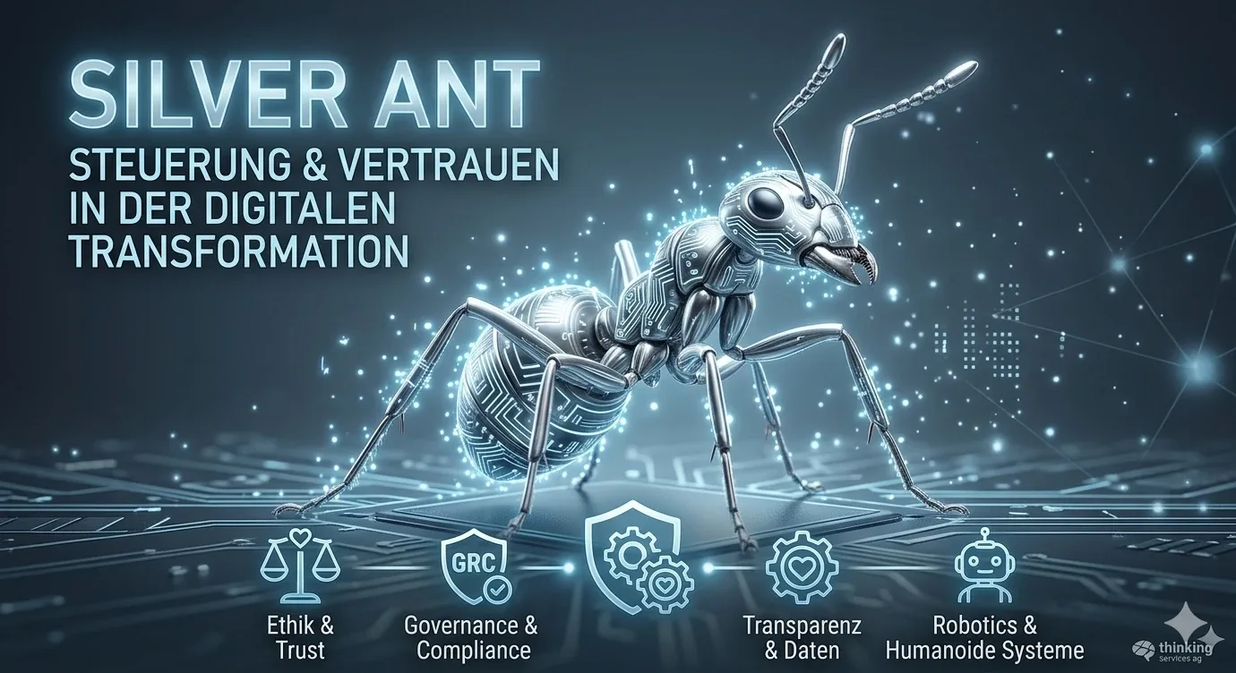 Silberne Ameise mit Schaltkreis-Panzer auf einer Platine, Schriftzug Silver Ant: Steuerung und Vertrauen in der digitalen Transformation, darunter die Themen Ethik und Trust, Governance und Compliance, Transparenz und Daten, Robotics und humanoide Systeme